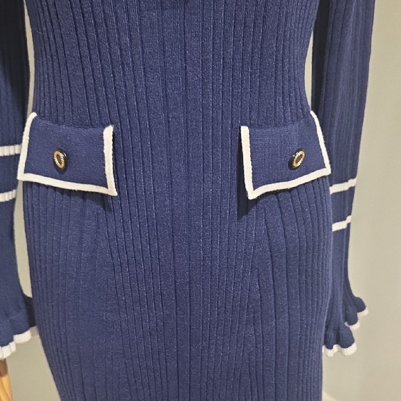 Chic Long Sleeve Navy Dress with White Trim - Picture 4 of 14